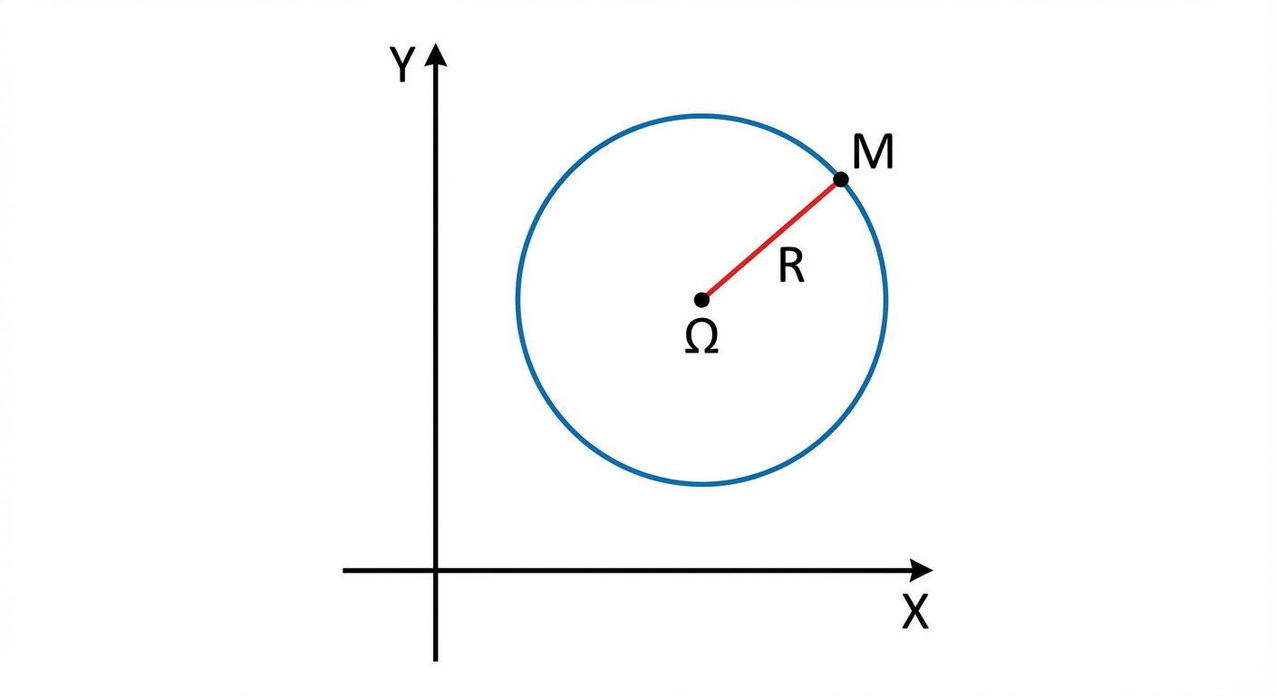 Schéma géométrique 2D sur fond blanc. Un repère orthonormé avec axes X et Y noirs. Un cercle bleu centré sur un point marqué Ω (Omega) avec coordonnées (a,b). Un point M sur le cercle avec coordonnées (x,y). Un segment rouge relie Ω et M, étiqueté R.
