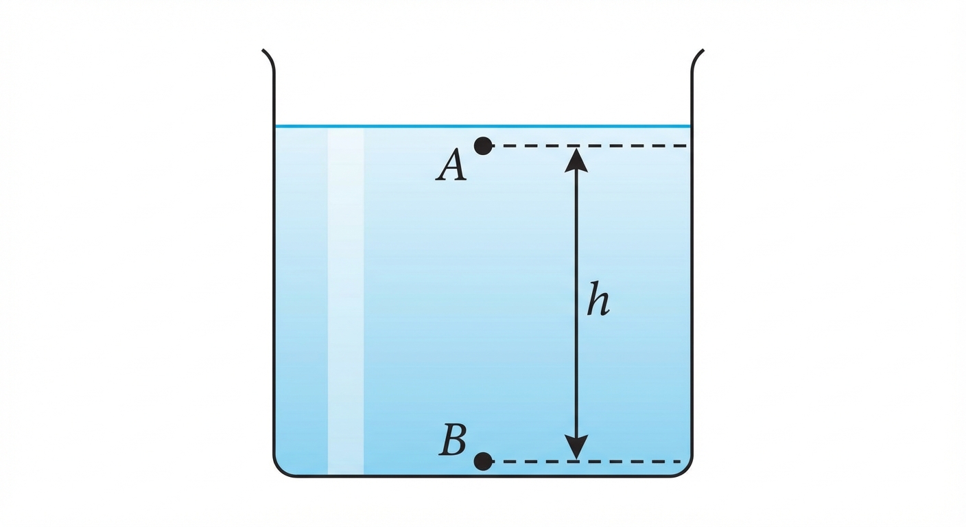 Schéma en coupe d'un récipient rempli d'eau. Un point A est près de la surface. Un point B est au fond, à la verticale de A. Une flèche verticale indique la distance 'h' entre le niveau de A et le niveau de B.