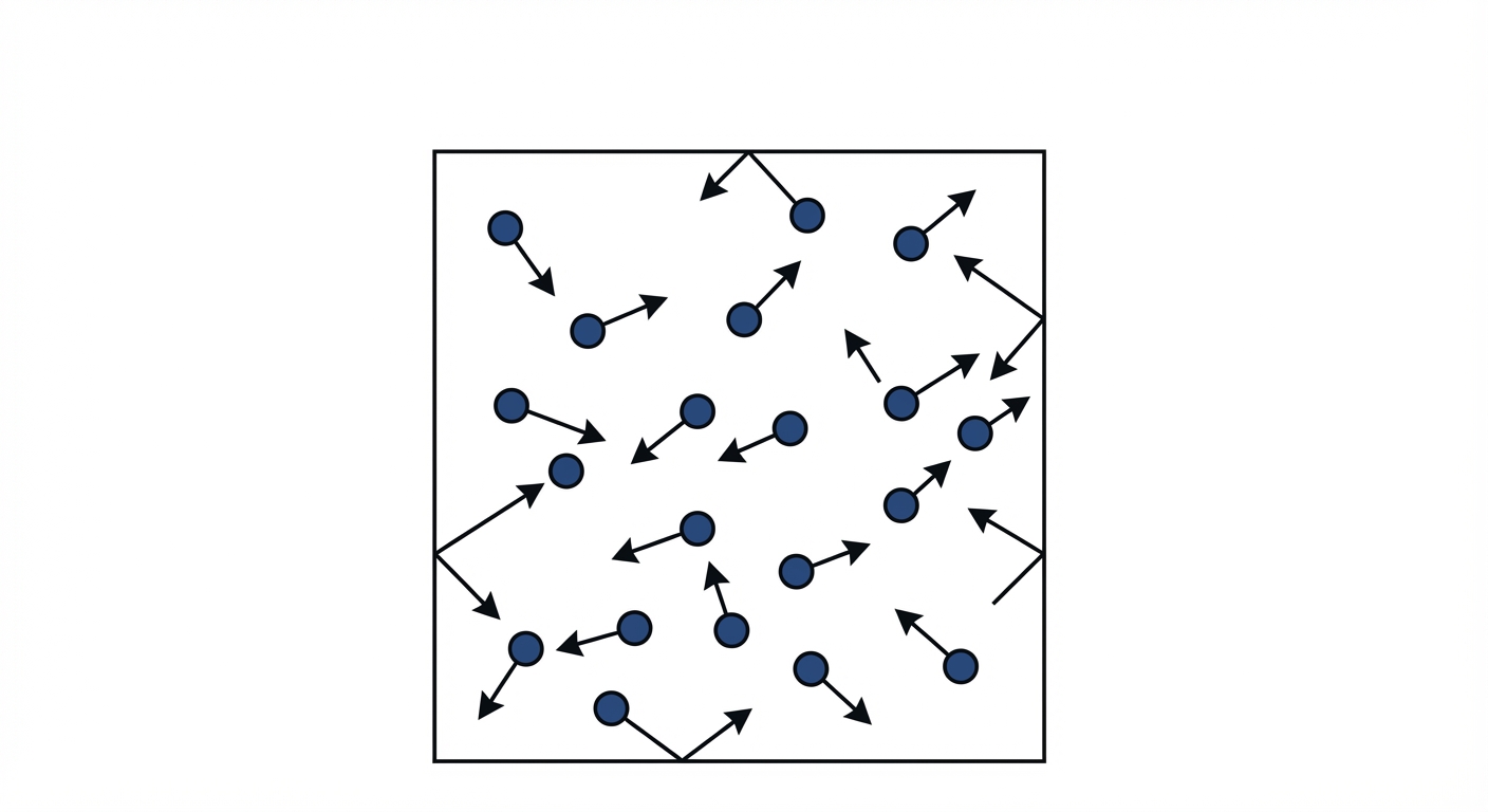 Schéma 2D simple : un carré représentant une enceinte fermée. À l'intérieur, une vingtaine de petites sphères (particules) sont dispersées. Des flèches de mouvement indiquent qu'elles se dirigent aléatoirement dans toutes les directions, certaines rebondissant contre les parois internes.