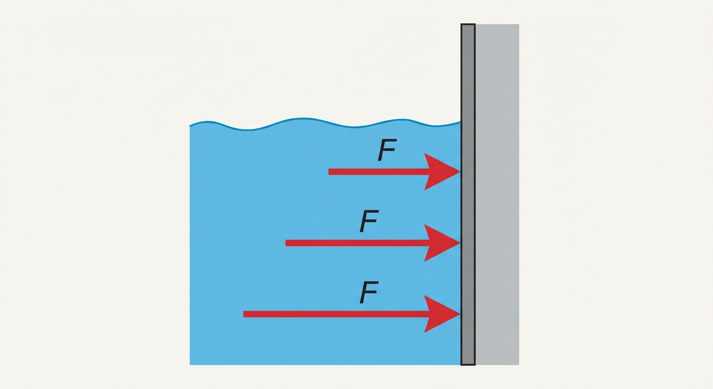 Schéma technique épuré. Une surface plane verticale grise (paroi). Sur la gauche, de l'eau bleue. Trois flèches rouges horizontales partent de l'eau et pointent vers la droite, perpendiculairement à la paroi grise. Légende 'F' sur les flèches.