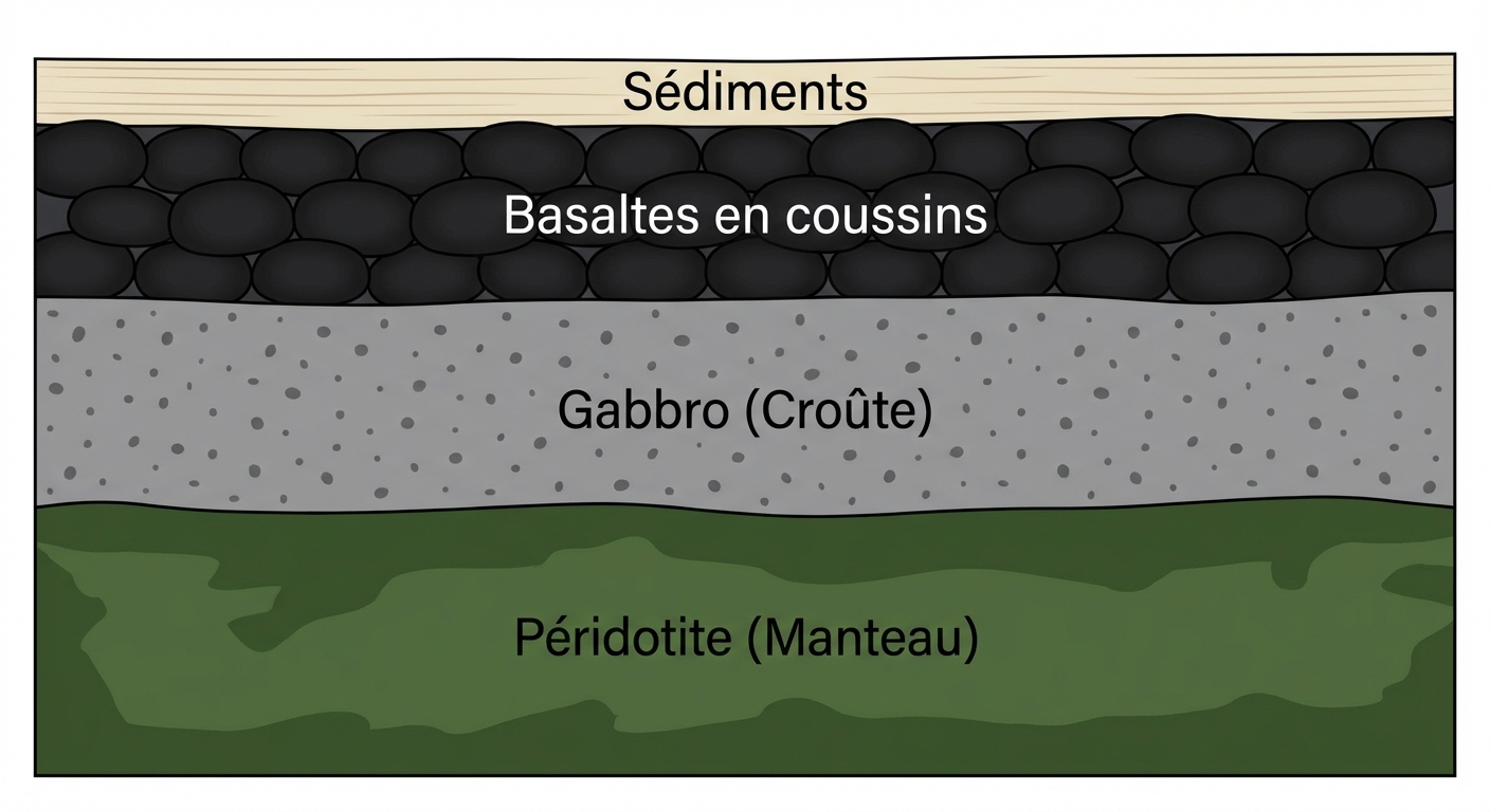 Schéma en coupe verticale simple sur fond blanc. Quatre couches superposées de bas en haut : 1. Une couche épaisse verte foncée légendée 'Péridotite (Manteau)'. 2. Une couche grise tachetée légendée 'Gabbro (Croûte)'. 3. Une couche noire avec des formes rondes empilées légendée 'Basaltes en coussins'. 4. Une fine couche beige au sommet légendée 'Sédiments'.