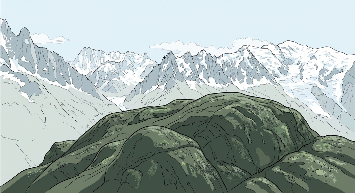 Dessin réaliste d'un paysage de haute montagne dans les Alpes en été. Au premier plan, un affleurement rocheux sombre et verdâtre avec des formes arrondies caractéristiques. En arrière-plan, des sommets enneigés.