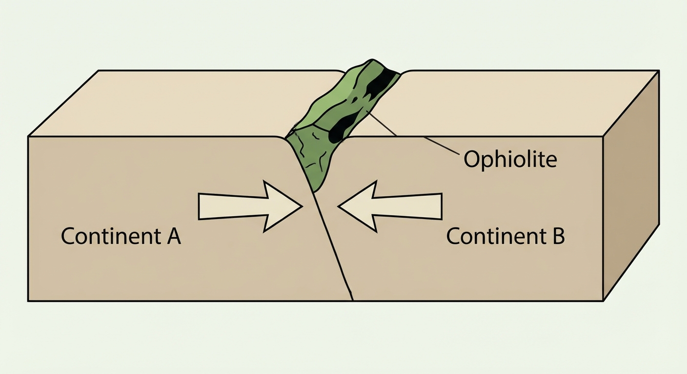Schéma simplifié de coupe géologique. À gauche un bloc beige 'Continent A', à droite un bloc beige 'Continent B'. Au centre, coincé entre les deux en hauteur, un petit fragment vert et noir représentant l'ophiolite. Une flèche indique la compression entre les deux continents.