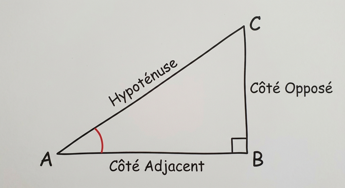 Schéma simple d'un triangle rectangle ABC rectangle en B. L'angle A est marqué par un arc rouge. Le côté AC est légendé 'Hypoténuse'. Le côté BC (en face de A) est légendé 'Côté Opposé'. Le côté AB (qui touche A) est légendé 'Côté Adjacent'. Fond blanc, traits noirs nets.