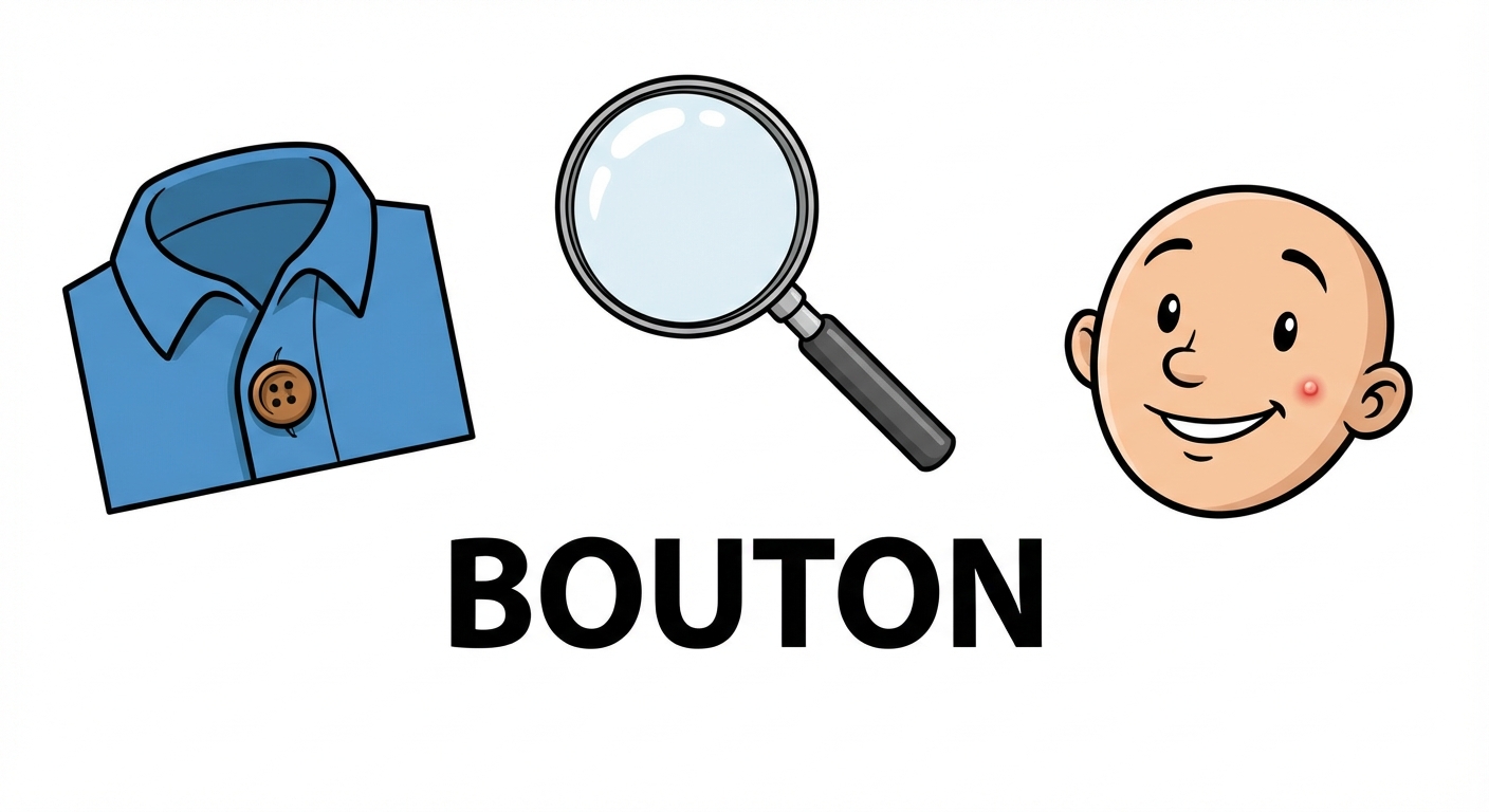 Illustration style bande dessinée. Au centre, le mot BOUTON écrit en grosses lettres noires. Autour, une loupe grossissante survole le mot. D'un côté de la loupe on voit une chemise avec un bouton, de l'autre côté un visage avec un petit bouton d'acné.