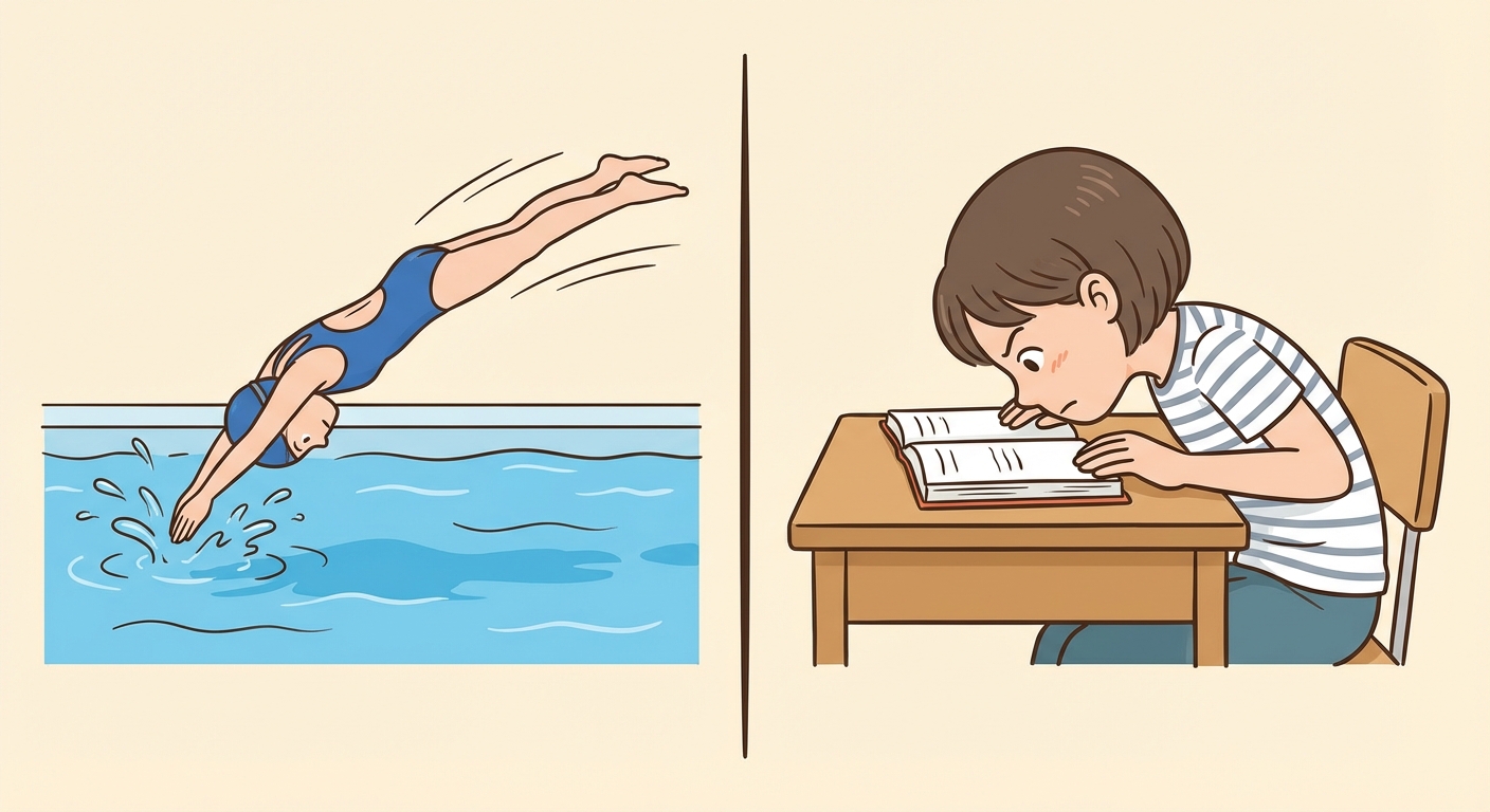 Dessin coupé en deux parties. Partie gauche : un nageur en maillot de bain saute dans une piscine bleue (sens propre). Partie droite : un élève assis à un bureau a la tête penchée très près d'un livre ouvert, l'air concentré (sens figuré).