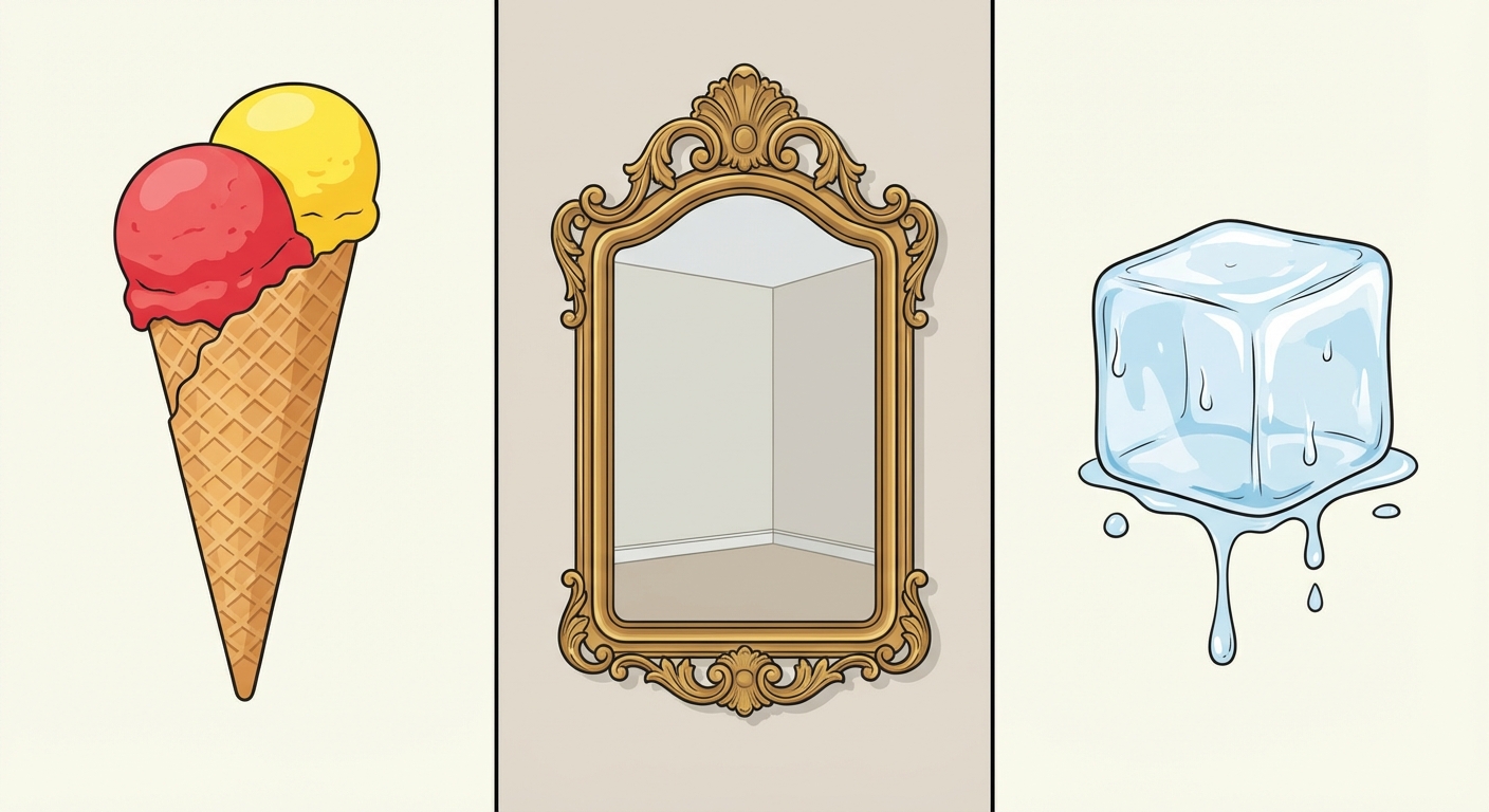 Dessin divisé en trois parties verticales. À gauche, un cornet de glace avec deux boules colorées. Au centre, un miroir ancien accroché au mur (une glace). À droite, un glaçon cube transparent qui fond un peu.
