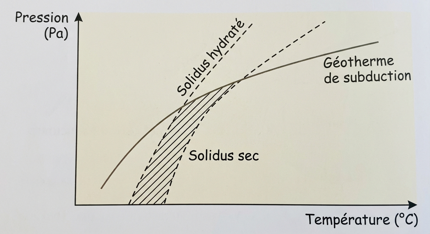 Graphique Pression-Température. Une courbe 'Géotherme de subduction' traverse le graphique. Deux limites de fusion (solidus) sont tracées : le 'Solidus sec' (très chaud, à droite) et le 'Solidus hydraté' (moins chaud, à gauche). Le géotherme croise le solidus hydraté, créant une zone de fusion partielle.