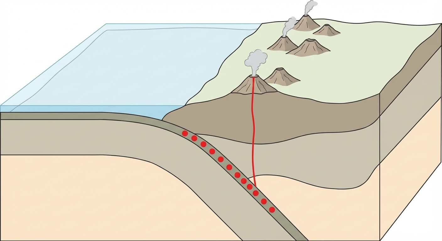 Schéma en coupe d'une zone de subduction. À gauche, une plaque océanique fine plonge sous une plaque continentale épaisse à droite. Des volcans sont sur la plaque continentale. Des foyers sismiques (points rouges) soulignent la plaque plongeante selon un plan incliné (Wadati-Benioff).