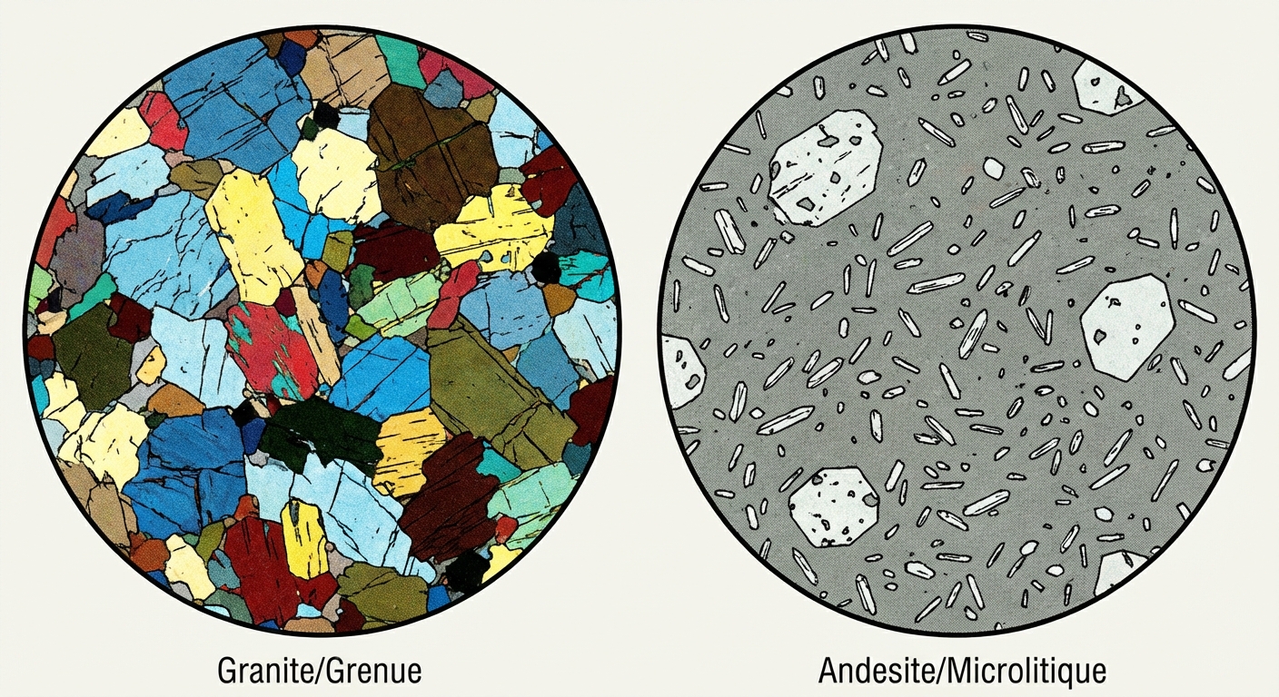 Comparaison de deux vues microscope polarisant. Gauche (Grenue/Granite) : gros cristaux jointifs de toutes couleurs, aucun fond gris. Droite (Microlitique/Andésite) : fond grisâtre (verre) parsemé de petites baguettes (microlites) et quelques rares gros cristaux.