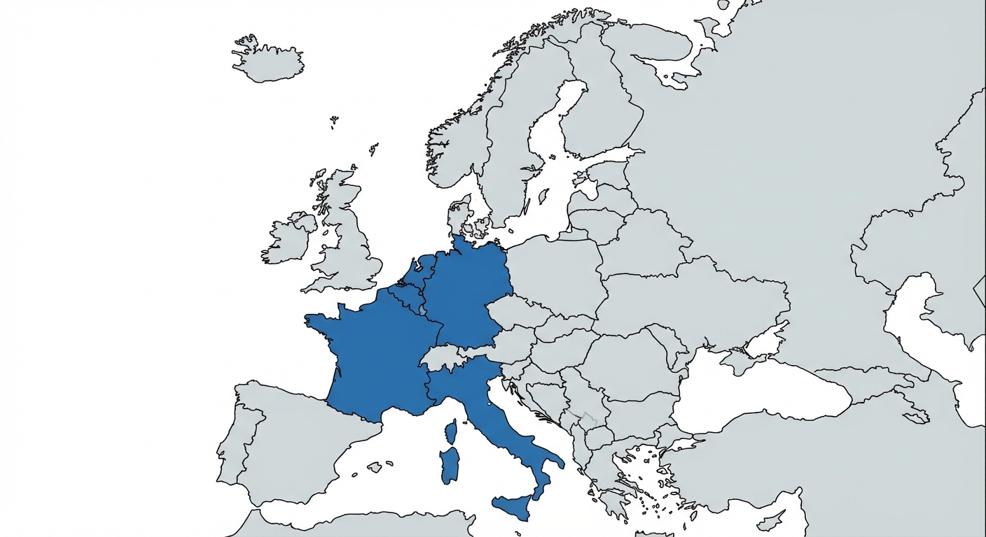 Carte de l'Europe simple sur fond blanc. Six pays sont coloriés en bleu uni : France, Allemagne, Italie, Belgique, Pays-Bas, Luxembourg. Les autres pays sont en gris clair. Les frontières sont bien visibles.