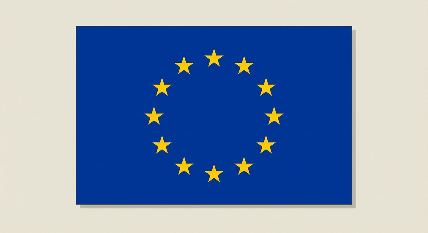 Vue de face d'un drapeau rectangulaire bleu roi. Au centre, un cercle parfait formé de exactement 12 étoiles jaunes à 5 branches. Fond neutre.