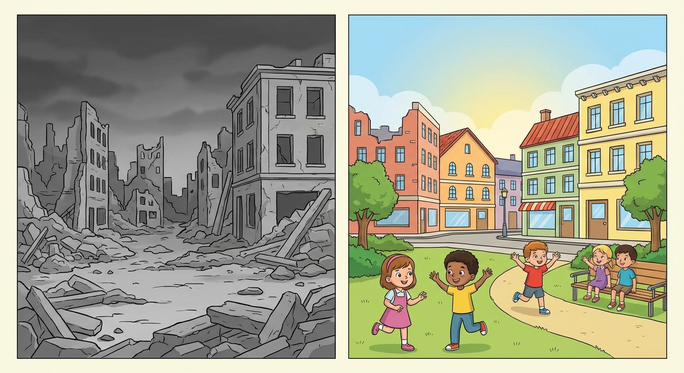 Dessin divisé en deux parties. À gauche, une ville en ruines en noir et blanc, triste. À droite, la même ville reconstruite, ensoleillée et colorée avec des enfants qui jouent. Style illustration de livre d'histoire pour enfants.