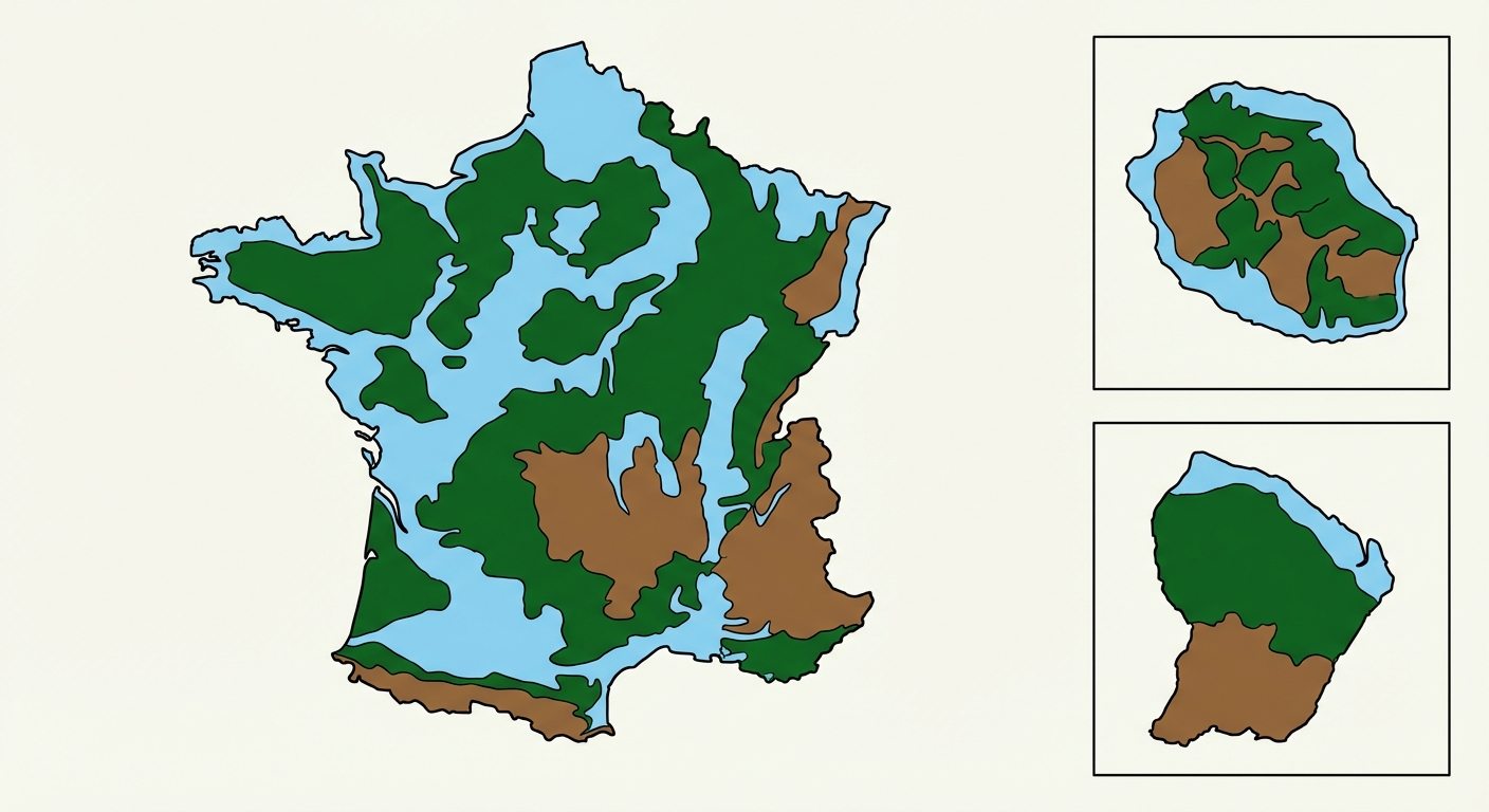 Carte très simplifiée de la France métropolitaine au centre avec deux encadrés carrés à côté représentant La Réunion et la Guyane. Les zones sont remplies de trois couleurs distinctes : vert foncé pour les forêts, bleu clair pour les zones côtières, marron pour les montagnes. Il n'y a aucun texte ni étiquette sur l'image.