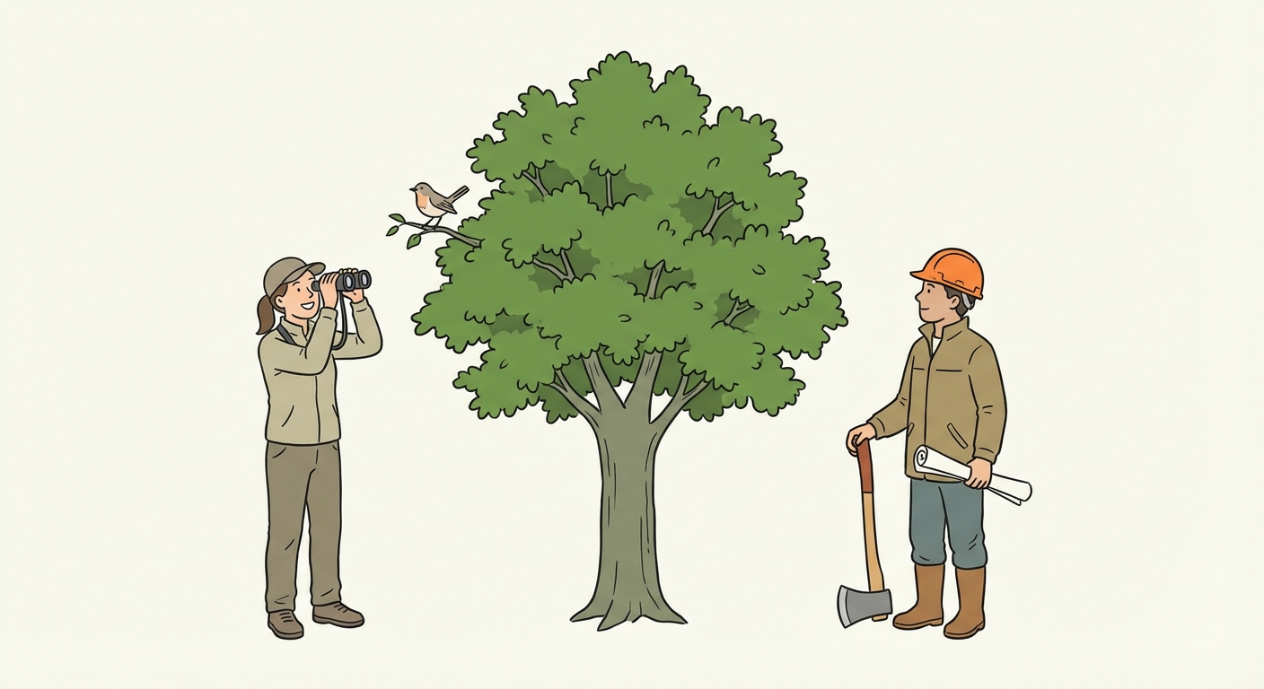 Dessin simple montrant un grand arbre feuillu au centre. A gauche de l'arbre, une personne avec des jumelles observe joyeusement un oiseau sur une branche. A droite de l'arbre, une personne portant un casque de chantier orange regarde le même arbre en tenant une grande hache et un plan de construction. Ils se tiennent face à face.