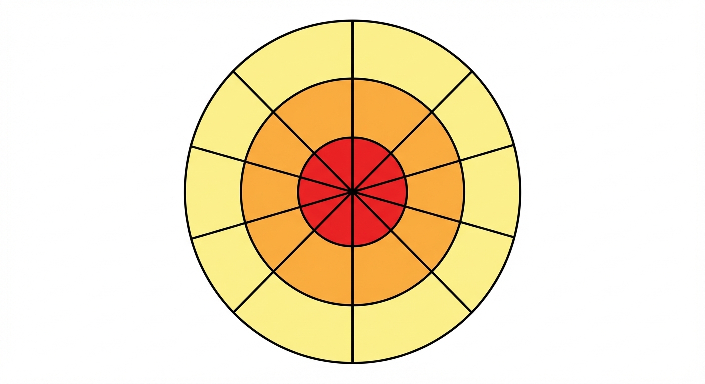 Schéma simple vu du dessus composé de trois cercles concentriques de couleurs différentes sur fond blanc. Le petit cercle central est rouge (centre). Le cercle autour est orange (banlieue proche). Le grand cercle extérieur est jaune clair (périphérie éloignée). Des traits noirs partent du centre vers l'extérieur.