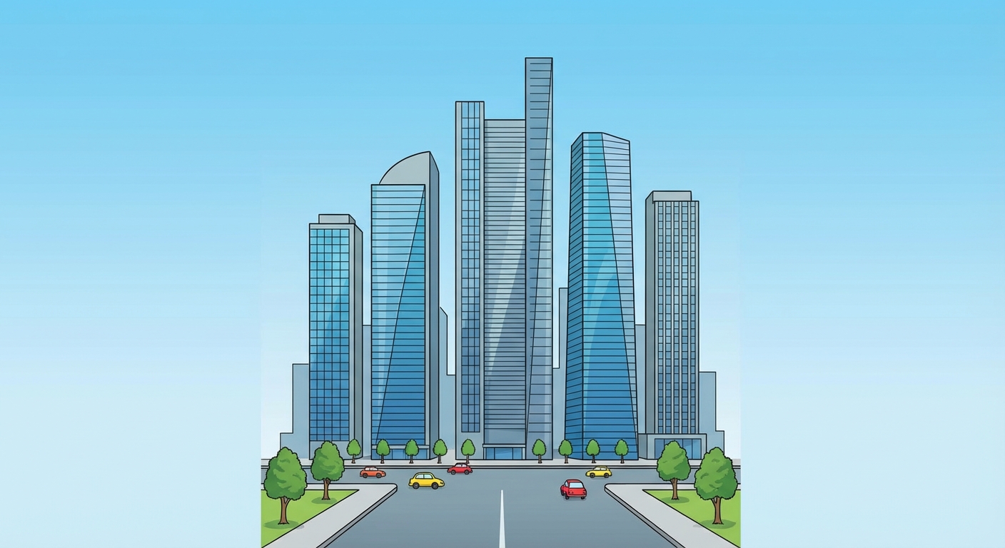 Dessin coloré de paysage urbain vue de face. Au centre, cinq grands gratte-ciel modernes en verre bleu et gris de hauteurs différentes. En bas, une rue large avec des petites voitures jaunes et rouges et des arbres verts sur les trottoirs. Ciel bleu clair.