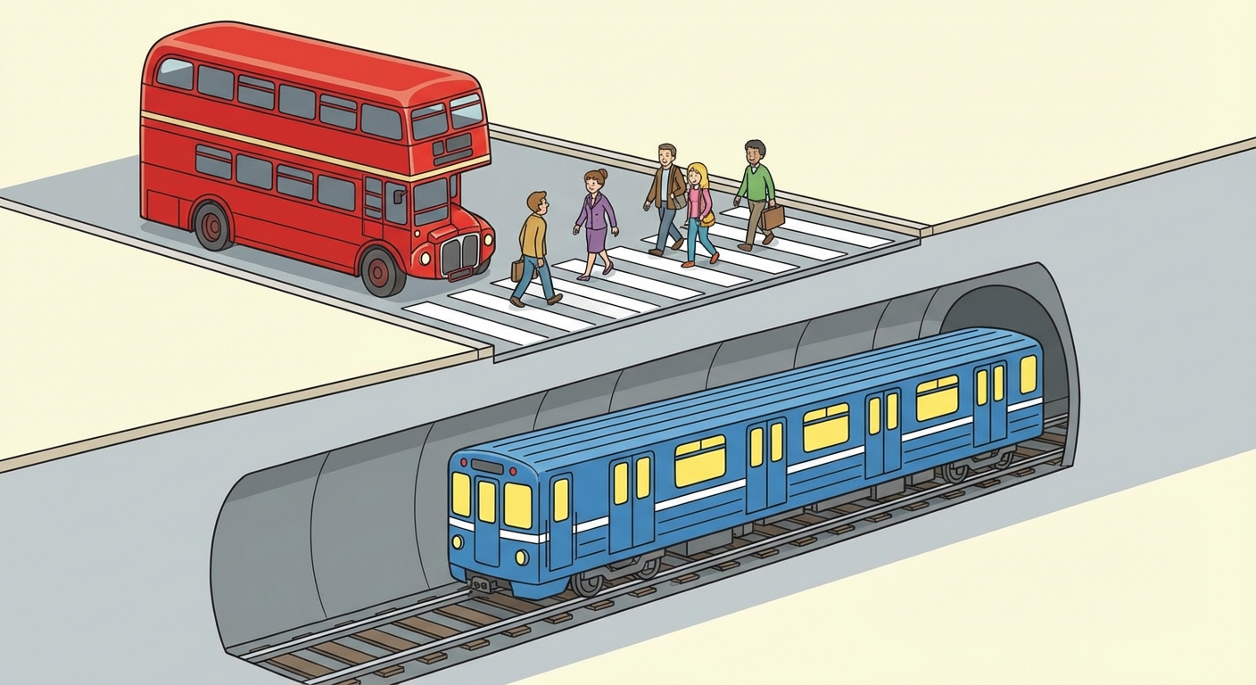 Illustration style bande dessinée d'une coupe de rue. Au niveau du sol, un bus rouge et des piétons sur un passage zébré. En dessous, dans un tunnel souterrain gris, une rame de métro bleue avec des fenêtres éclairées en jaune.