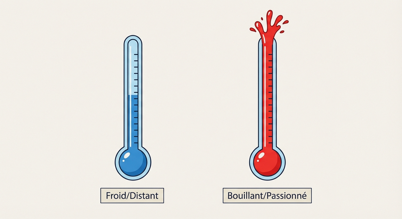Illustration de deux thermomètres. À gauche (Satire), bleu, température moyenne, étiquette 'Froid/Distant'. À droite (Polémique), rouge vif, mercure qui explose, étiquette 'Bouillant/Passionné'.