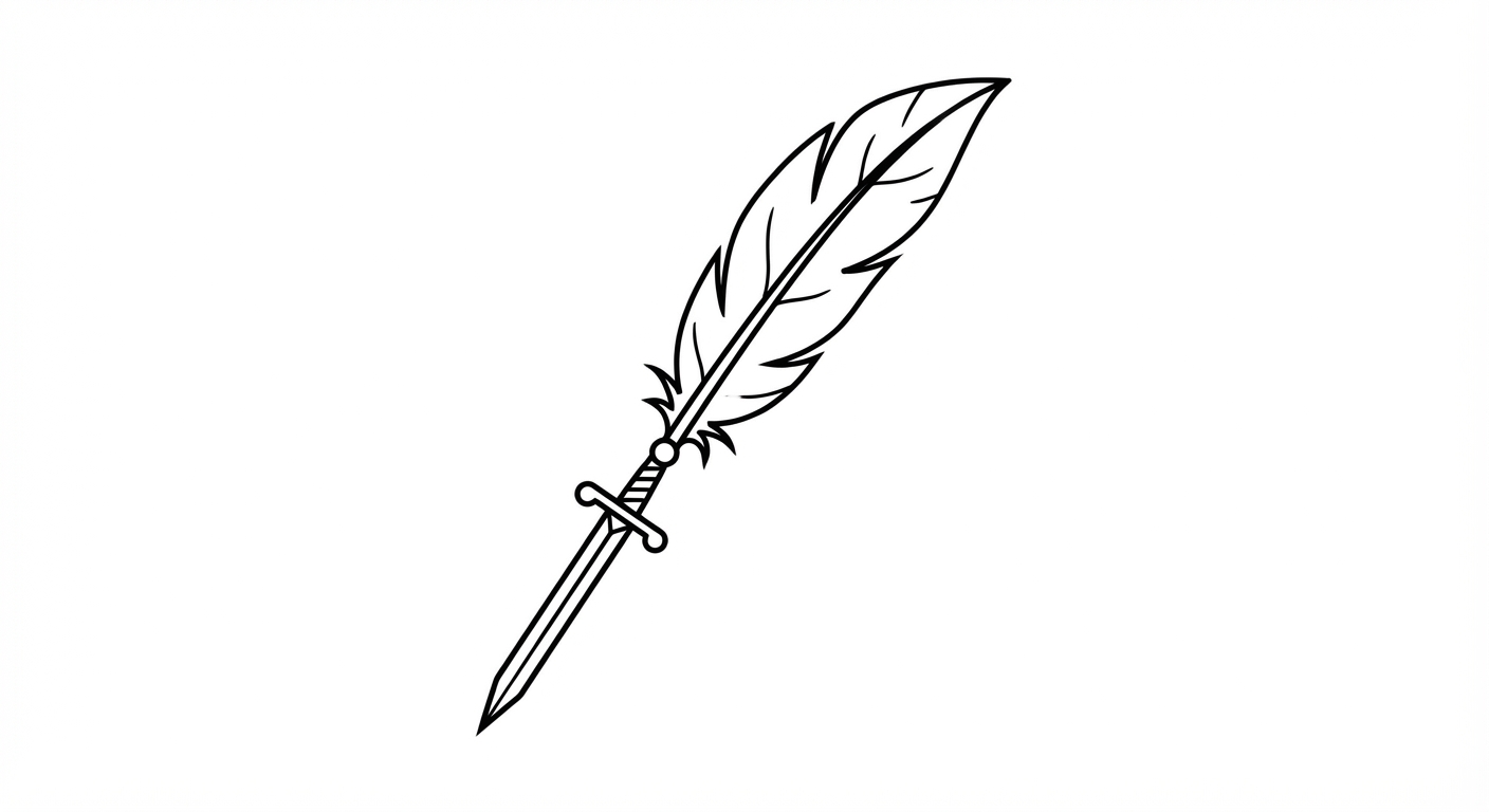 Illustration vectorielle minimaliste sur fond blanc : une plume d'écriture ancienne dont la pointe se transforme en une lame d'épée acérée. Traits noirs simples.
