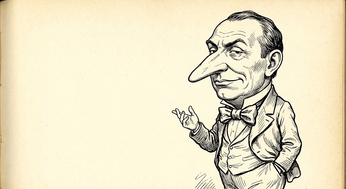 Dessin style presse satirique en noir et blanc d'un personnage politique fictif avec une tête disproportionnée, un nez très long et un air arrogant, soulignant ses défauts.