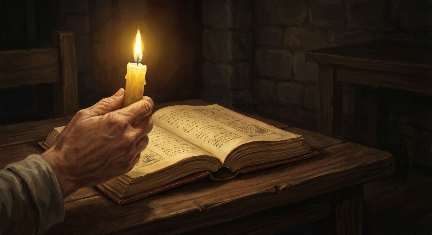 Peinture style 18ème siècle : une main tient une bougie allumée qui éclaire un vieux livre ouvert posé sur une table en bois sombre. Le reste de la pièce est dans la pénombre. La lumière de la flamme est jaune et chaleureuse.