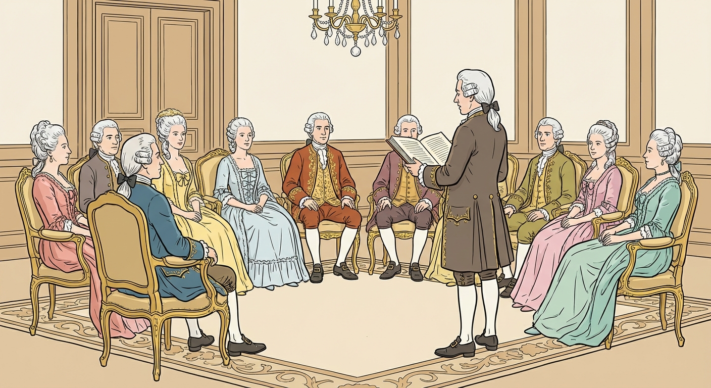 Peinture réaliste d'un salon luxueux du 18ème siècle : 10 personnes (hommes et femmes) en perruques et costumes d'époque sont assises sur des fauteuils dorés. Un homme debout lit un livre à haute voix, les autres écoutent attentivement.