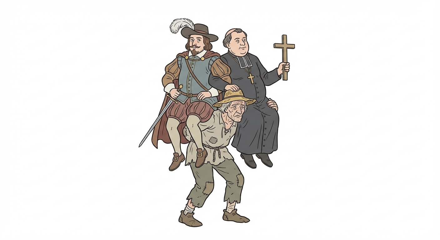 Caricature historique simple sur fond blanc : un vieux paysan courbé porte sur son dos deux hommes bien habillés et lourds (un noble avec une épée et un prêtre avec une croix). Le paysan a l'air fatigué.