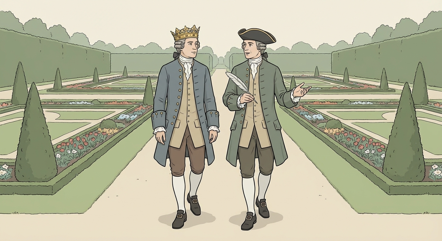 Dessin historique : Deux hommes en costumes du 18ème siècle marchent dans un jardin à la française. L'un porte une couronne (le roi), l'autre tient une plume (Voltaire). Ils semblent discuter calmement.