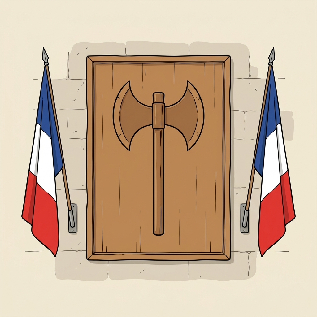 Illustration pédagogique pour un cours de histoire, niveau 3e (fin de collège, préparation du Brevet). Style : manuel scolaire, traits nets, fond clair de préférence. N'AJOUTE PAS de texte, de chiffres, de lettres ou de symboles dans l'image (aucune légende, aucune opération, aucun titre), à part si on te le demande clairement. N'ajoute pas d'objets, de personnages ou de décor qui ne sont pas mentionnés. Si un nombre d'objets est indiqué, dessine EXACTEMENT ce nombre (pas plus, pas moins). Tu dois représenter STRICTEMENT la scène suivante, en respectant les quantités et la disposition décrites (n'ajoute rien, n'enlève rien) : Dessin historique épuré sur fond beige clair représentant un grand panneau en bois accroché à un mur. Sur le panneau est dessinée au centre une double hache gauloise stylisée avec son manche droit vertical. Deux drapeaux tricolores sans texte sont disposés de chaque côté du panneau.