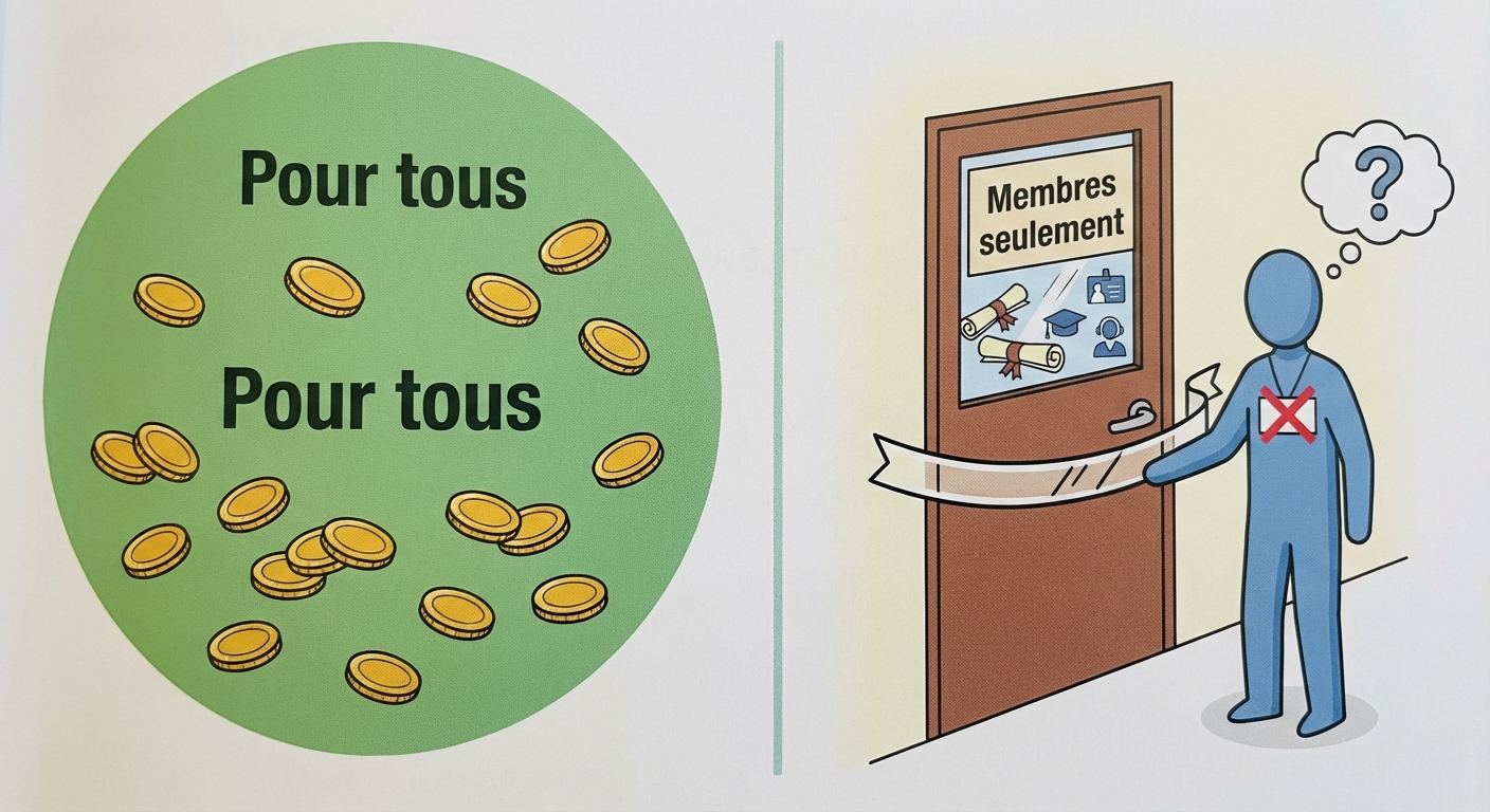 Schéma simple en deux parties. À gauche, un grand cercle vert marqué 'Pour tous' contient des pièces d'or. À droite, une petite porte fermée marquée 'Membres seulement' derrière laquelle on voit des diplômes et des services. Un personnage tente d'entrer à droite mais est bloqué car il n'a pas de badge.