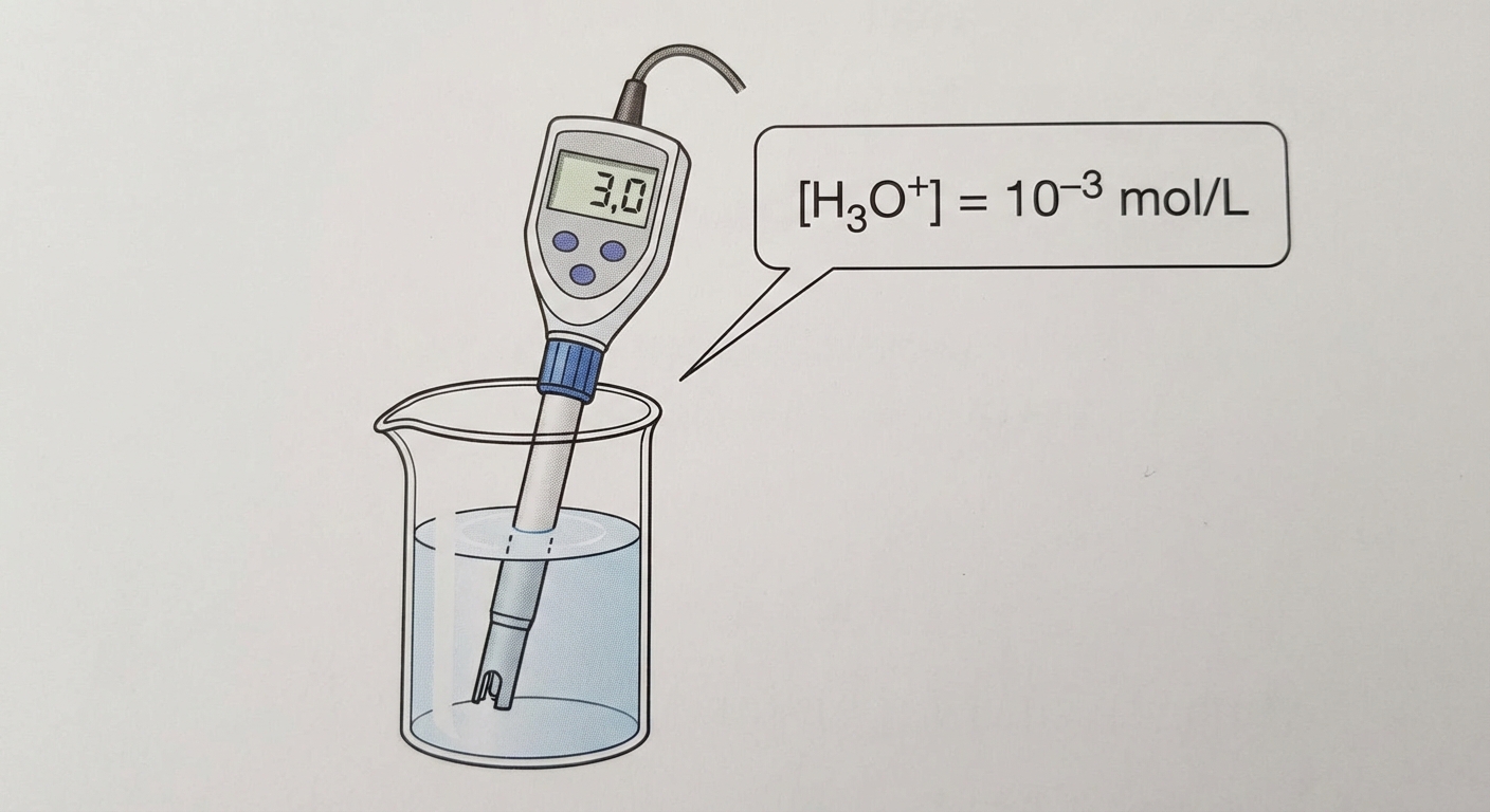 Illustration de laboratoire : un pH-mètre trempé dans un bécher affichant '3,0'. Une bulle explicative montre la conversion : '[H3O+] = 10^-3 mol/L'. Fond blanc.