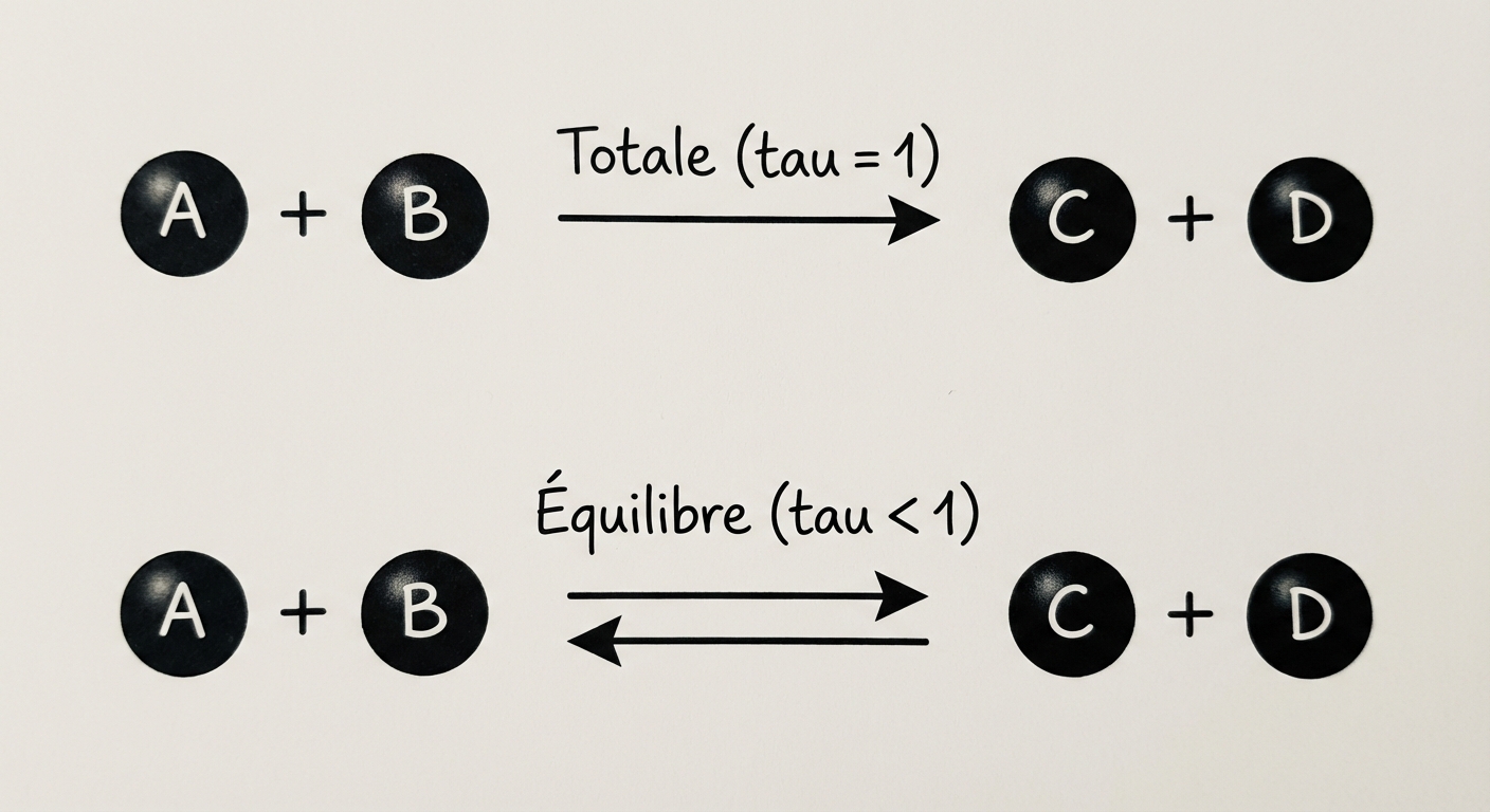 Deux équations chimiques écrites en noir sur fond blanc. La première utilise une flèche simple vers la droite (->) marquée 'Totale (tau = 1)'. La deuxième utilise une double flèche (une demi-flèche vers la droite, une demi-flèche vers la gauche) marquée 'Équilibre (tau < 1)'.