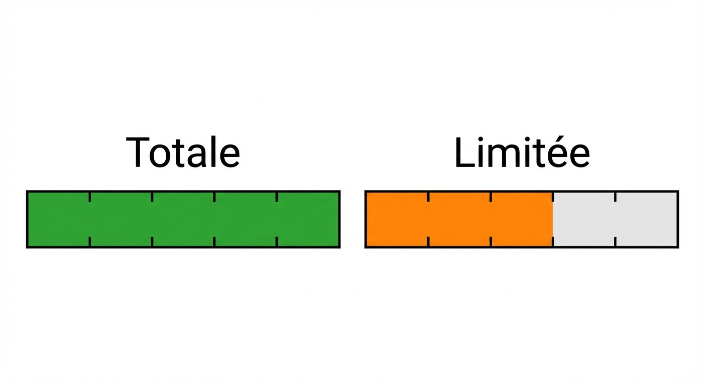 Schéma simple en 2 parties. À gauche, une barre de progression remplie à 100% verte marquée 'Totale'. À droite, une barre de progression remplie seulement à 60% orange marquée 'Limitée', le reste de la barre est grisé. Fond blanc épuré.