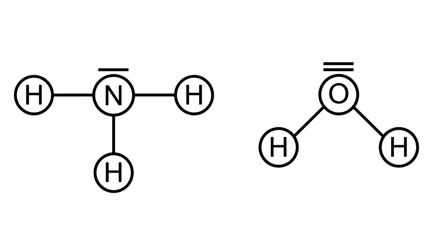 Schéma 2D scientifique sur fond blanc. À gauche : molécule NH3 avec N au centre, 3 liaisons simples vers H, et un trait horizontal sur le N (doublet non-liant). À droite : molécule H2O avec O au centre, 2 liaisons vers H, et deux traits sur le O (doublets non-liants).