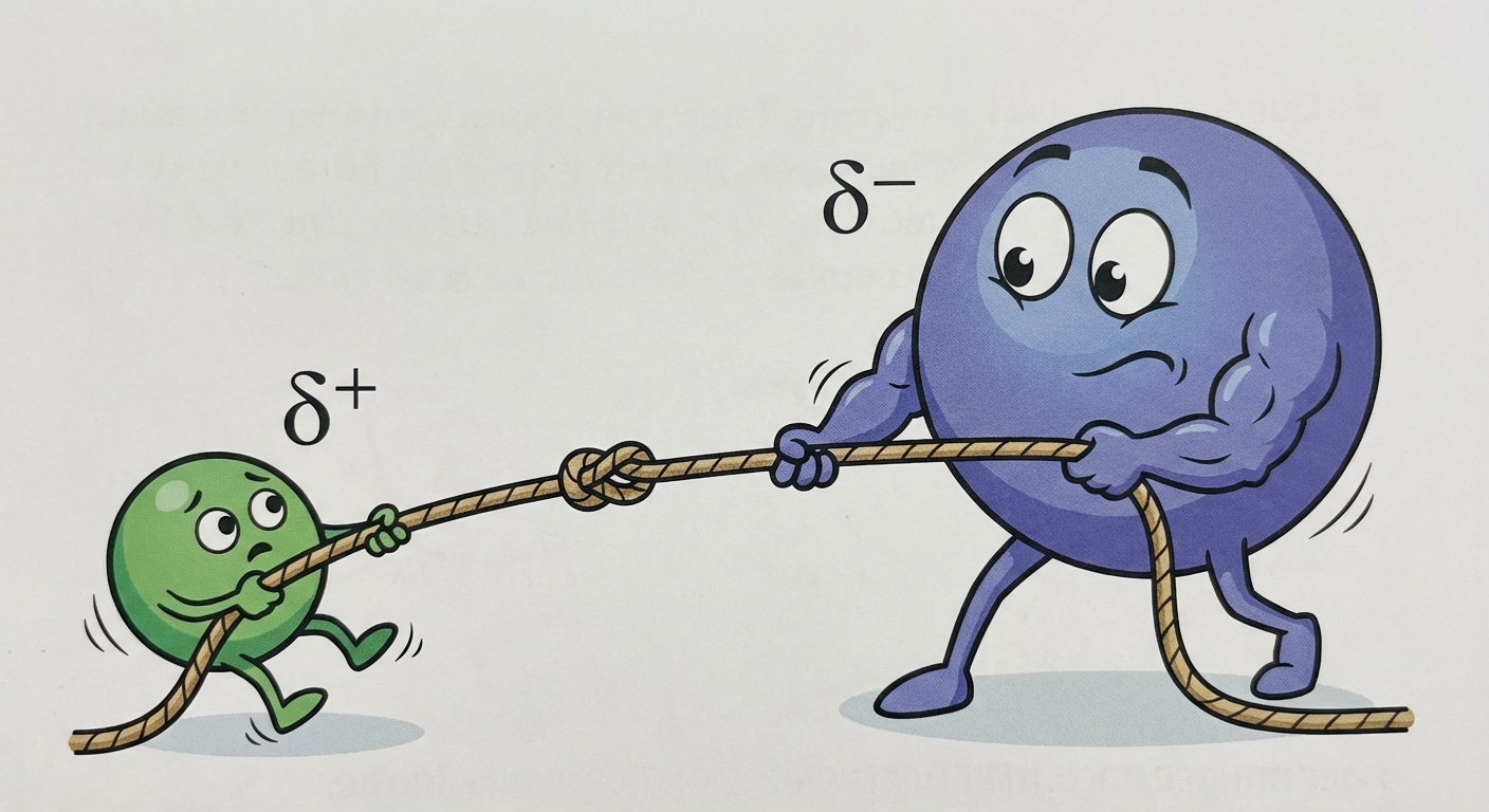 Dessin style cartoon épuré. Deux atomes tirent sur une corde symbolisant la liaison. L'atome de droite (Oxygène, gros) tire plus fort que celui de gauche (Hydrogène, petit). Un symbole 'delta -' flotte près du gros atome, un 'delta +' près du petit.