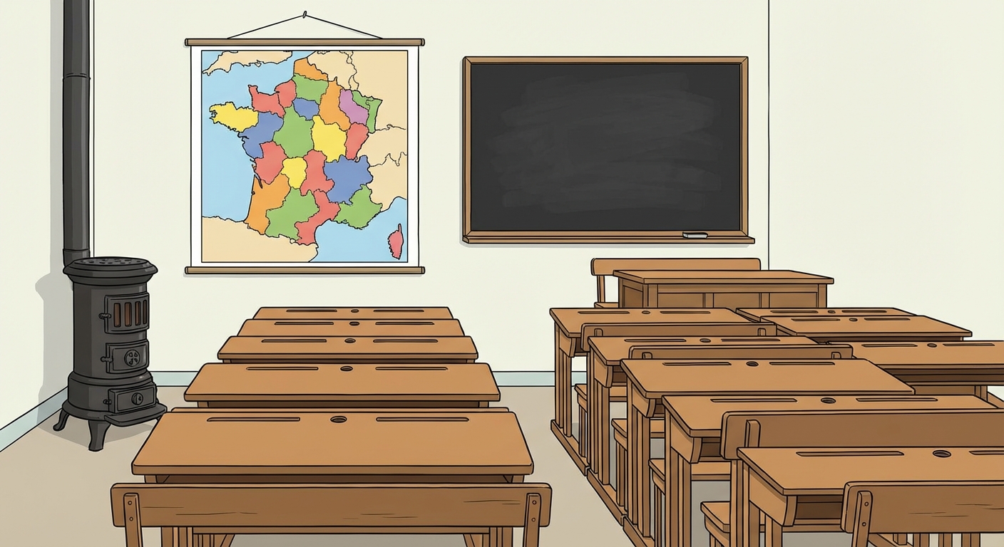Salle de classe ancienne année 1890. Pupitres en bois alignés avec des bancs attachés. Au mur, une grande carte de France colorée et un tableau noir. Un poêle à bois en fonte noire est dans un coin.