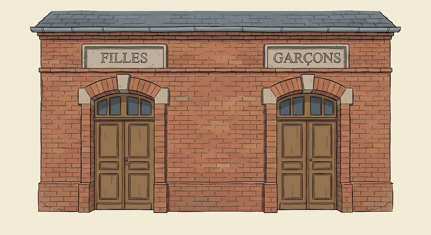 Façade d'une école ancienne en briques. Deux portes d'entrée bien distinctes. Au-dessus de la porte de gauche, une plaque gravée 'FILLES'. Au-dessus de la porte de droite, une plaque gravée 'GARÇONS'.