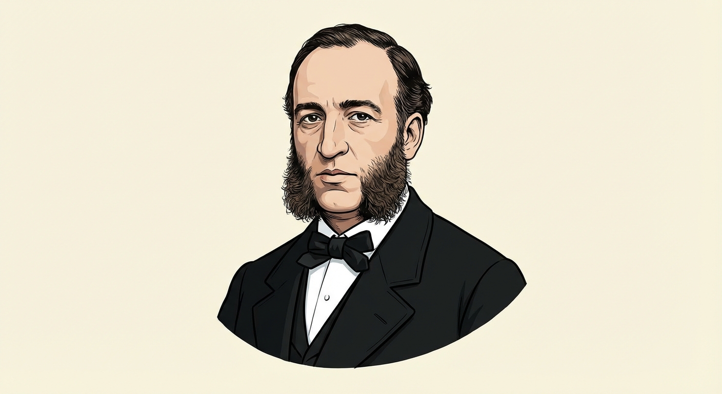 Portrait historique réaliste en buste d'un homme du 19ème siècle, Jules Ferry, avec des favoris (barbe sur les joues) mais le menton rasé, portant un costume noir et un nœud papillon.
