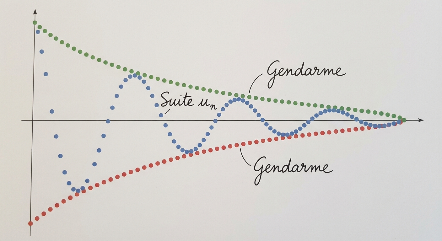 Schéma mathématique montrant trois courbes de points discrets. Une courbe verte en haut, une courbe rouge en bas, et une courbe bleue au milieu qui oscille. Les trois courbes se rejoignent et se touchent presque en un point unique sur la droite du graphique, illustrant la convergence vers une même limite. Annotation 'Gendarme' sur les courbes verte et rouge, 'Suite u_n' sur la bleue.