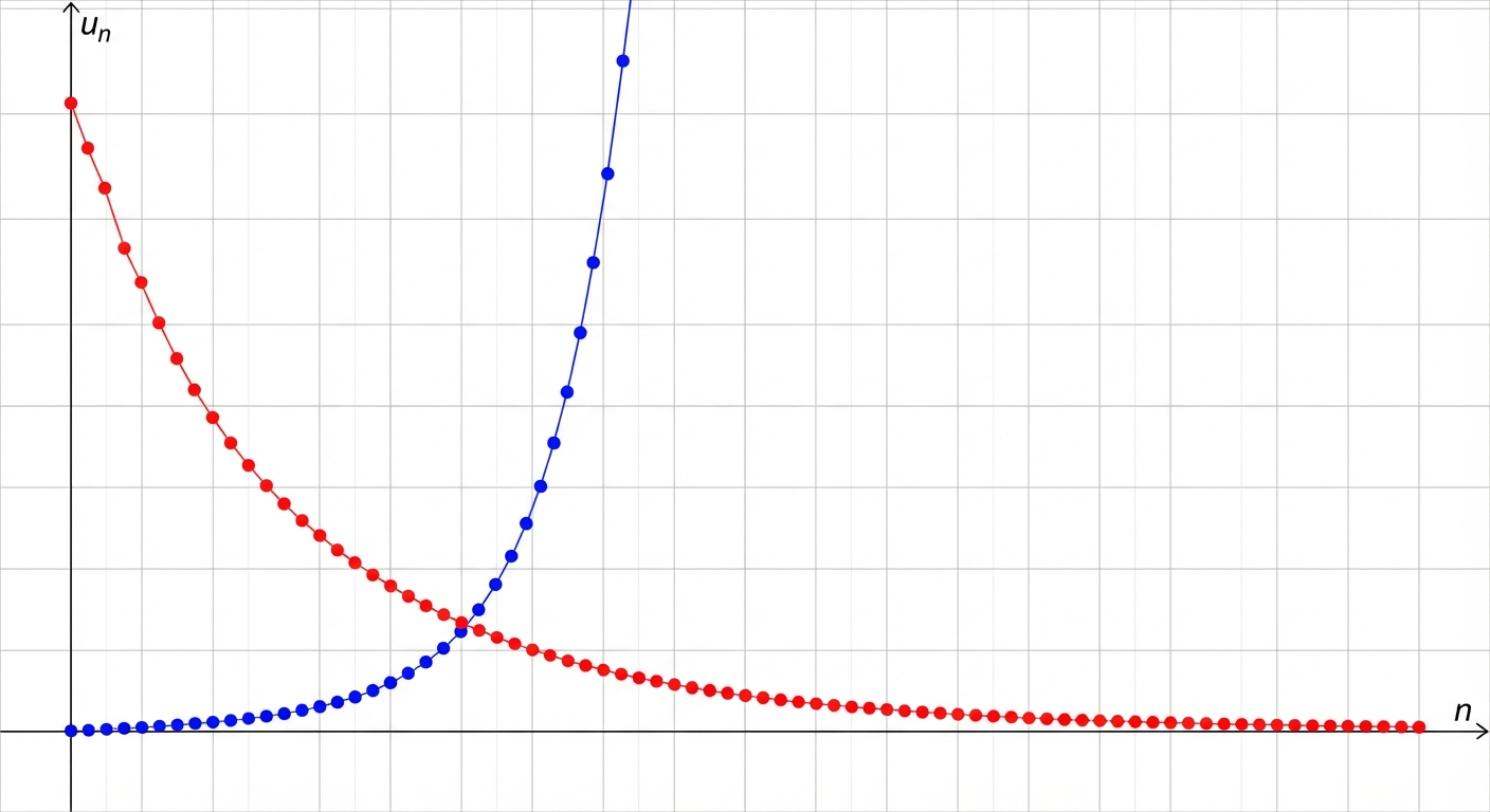 Graphique 2D simple avec deux axes (n en abscisse, u_n en ordonnée). Une première courbe de points bleus représentant une croissance exponentielle qui monte très vite (q > 1). Une deuxième courbe de points rouges qui commence haut et descend doucement pour se rapprocher de l'axe des abscisses sans le toucher (0 < q < 1). Fond blanc, quadrillage léger.
