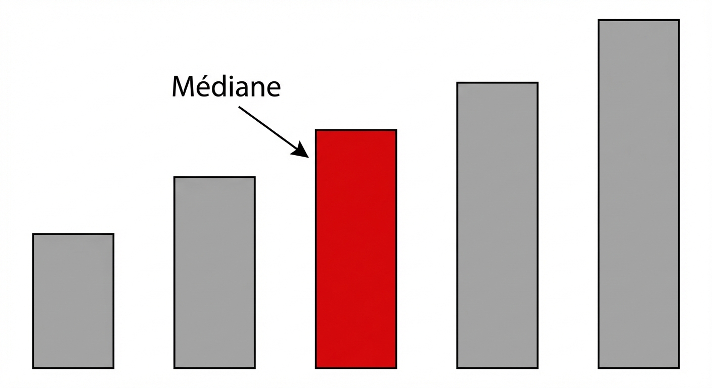 Dessin simple sur fond blanc : 5 bâtons verticaux alignés horizontalement, rangés par taille croissante (du plus petit au plus grand). Le 3ème bâton (celui du milieu) est colorié en rouge, les 4 autres sont gris. Une flèche pointe vers le bâton rouge avec le texte 'Médiane'.