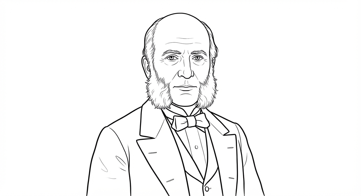 Portrait dessin au trait noir sur fond blanc d'un homme du 19ème siècle vu de face. Il a un front dégarni, des favoris (barbe sur les joues) blancs touffus, un nez droit et porte un costume avec un nœud papillon.