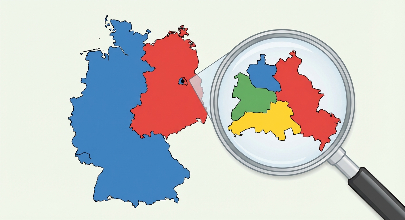 Carte schématique de l'Allemagne en 1947. L'Allemagne de l'Est est colorée en rouge, l'Allemagne de l'Ouest en bleu. Un point noir précis indique Berlin situé en plein milieu de la zone rouge. Un zoom montre la ville de Berlin elle-même divisée en 4 secteurs colorés.