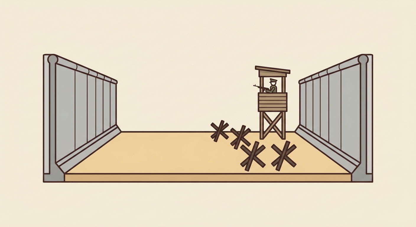 Schéma en coupe du Mur de Berlin. De gauche à droite : un premier mur en béton, une zone de sable vide (no man's land) avec un mirador de surveillance armé, des obstacles anti-char en croix, et un deuxième mur final.