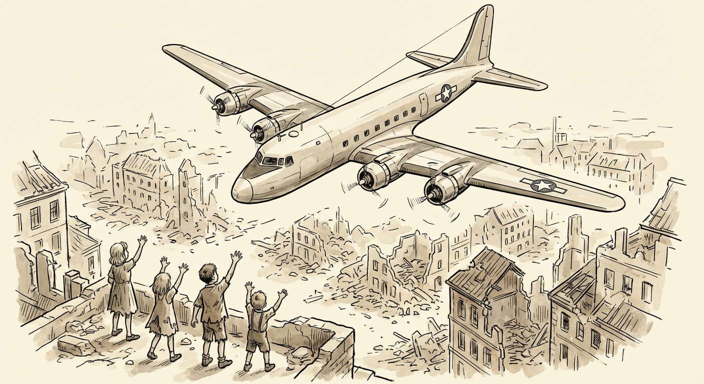 Dessin historique vue du ciel : un avion cargo militaire américain (type C-54) en approche d'atterrissage au-dessus de ruines urbaines. Au sol, des enfants allemands font des signes de la main vers l'avion.