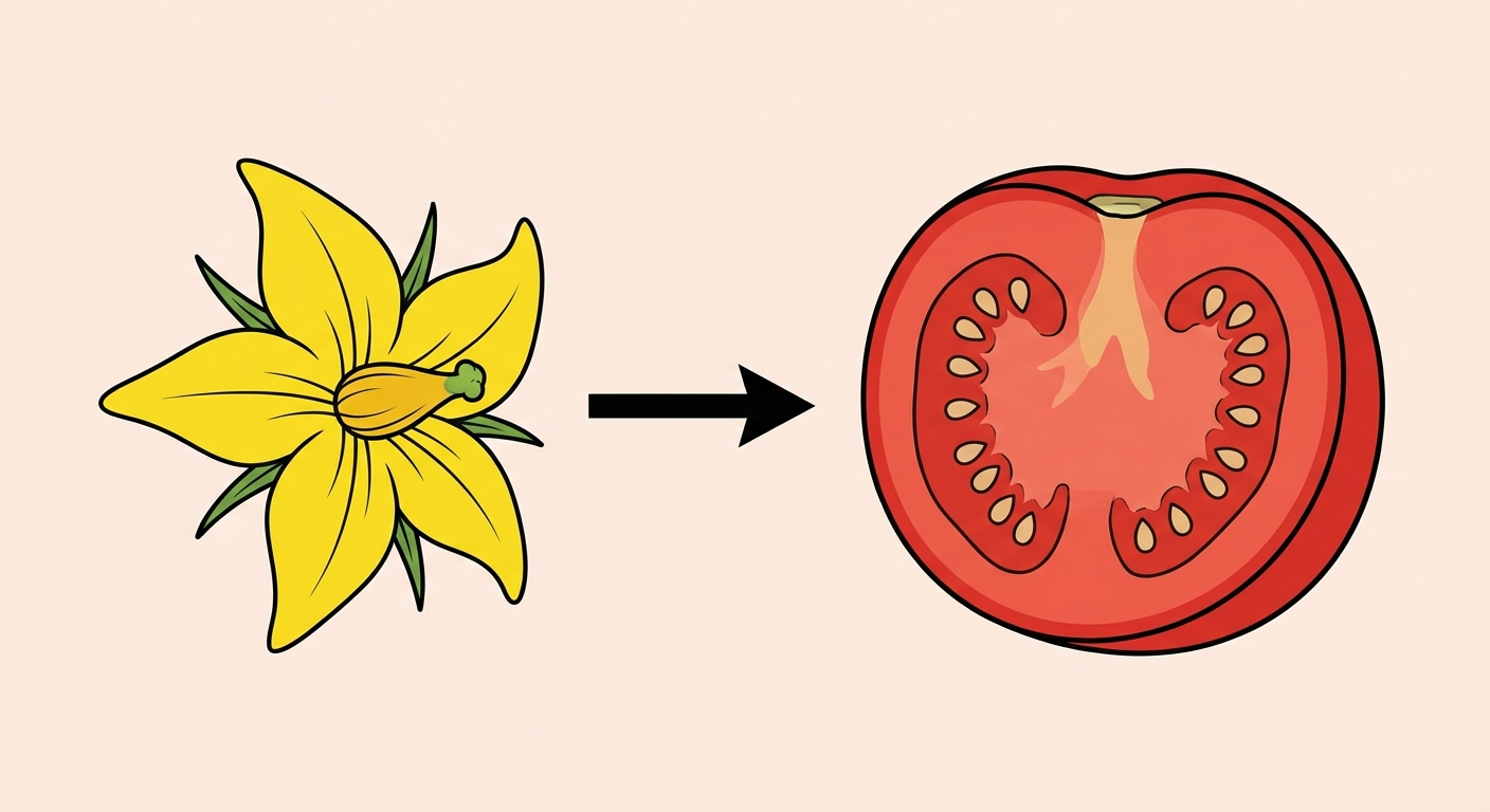 Dessin pédagogique divisé en deux parties. À gauche, une fleur de tomate jaune avec un petit pistil vert au centre. Une flèche pointe vers la droite. À droite, une tomate rouge coupée en deux montrant la chair rouge (ex-ovaire) et les petites graines beiges à l'intérieur (ex-ovules).
