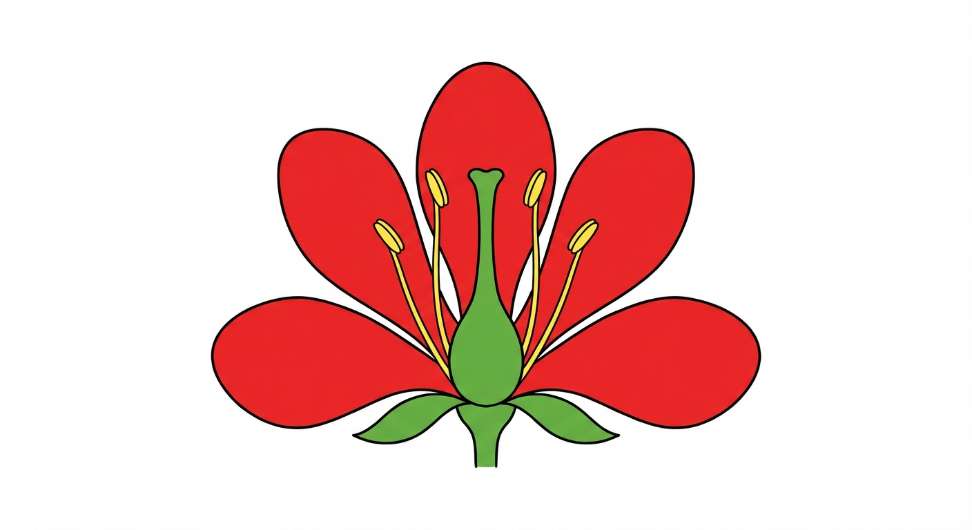 Schéma simple en coupe d'une fleur. Au centre, un pistil vert unique en forme de vase. Autour du pistil, 4 étamines jaunes avec des tiges fines. Autour des étamines, 5 pétales rouges vifs. À la base, 2 petits sépales verts. Fond blanc, traits noirs nets, style diagramme scolaire.