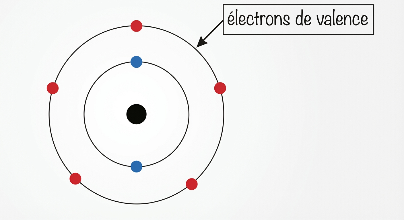 Dessin schématique d'un atome vue de dessus sur fond blanc. Au centre un petit rond plein pour le noyau. Un premier cercle autour contient 2 petits points bleus (couche interne). Un deuxième cercle plus large autour contient 5 petits points rouges bien distincts (couche externe). Une légende indique 'électrons de valence' pour les points rouges.