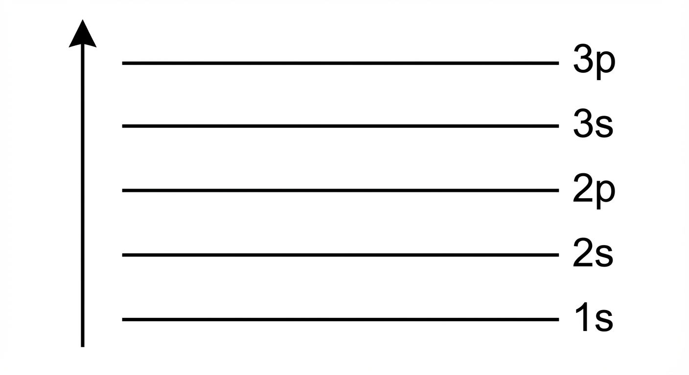 Schéma simple en 2D sur fond blanc. Un axe vertical fléché vers le haut indique l'énergie. Des paliers horizontaux représentent les sous-couches. Le niveau le plus bas est marqué 1s, au-dessus le niveau 2s, puis un peu plus haut le niveau 2p, encore au-dessus le 3s et enfin le 3p tout en haut.